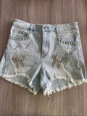 Light Blue Rhinestone Butterfly Distressed Denim Shorts